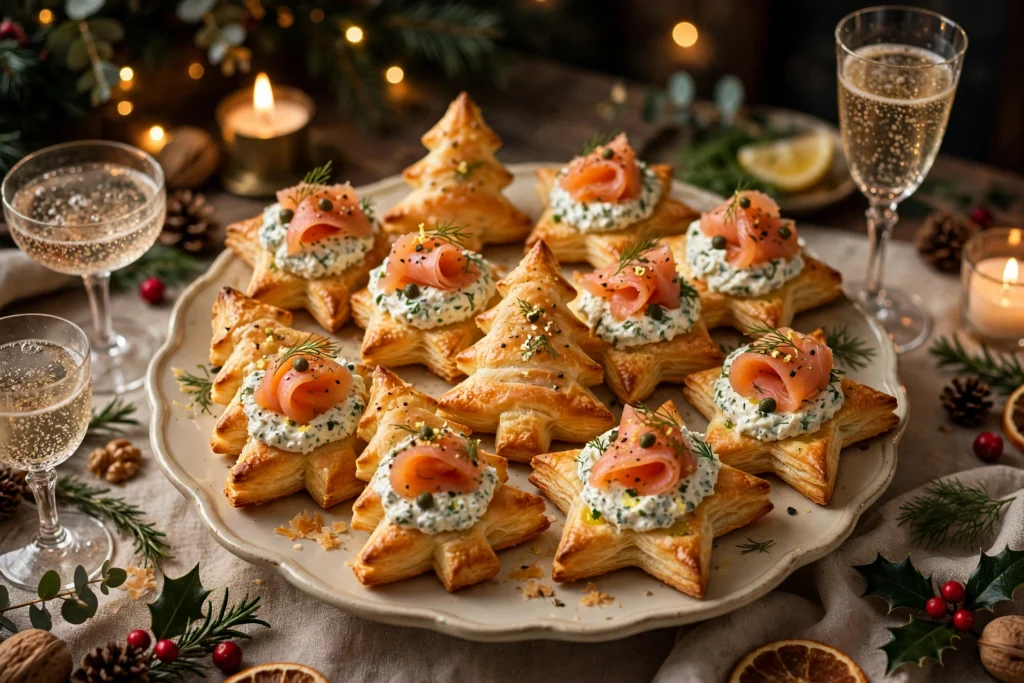 Feuilleté de noël entrée doré au saumon, dressé pour l'apéritif