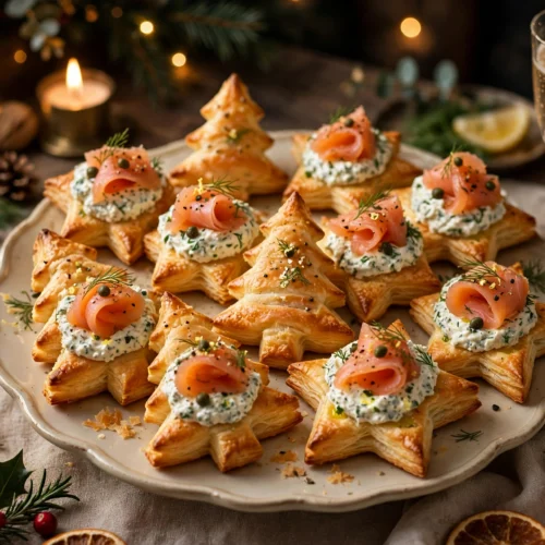 Feuilleté de noël entrée doré au saumon, dressé pour l'apéritif
