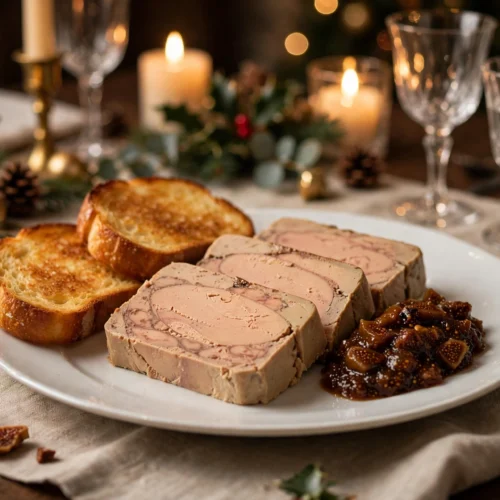 Terrine de foie gras noël mi-cuite tranchée, servie avec de la brioche toastée