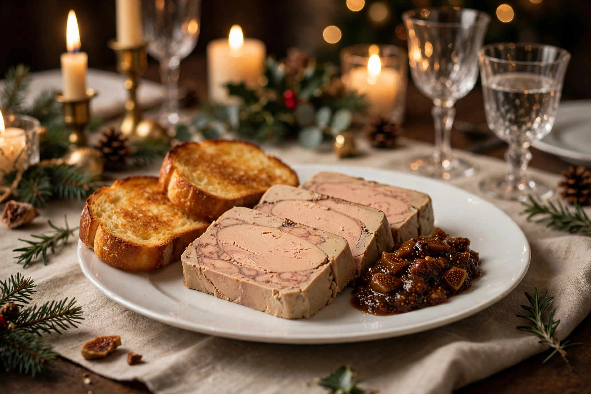 Terrine de foie gras noël mi-cuite tranchée, servie avec de la brioche toastée