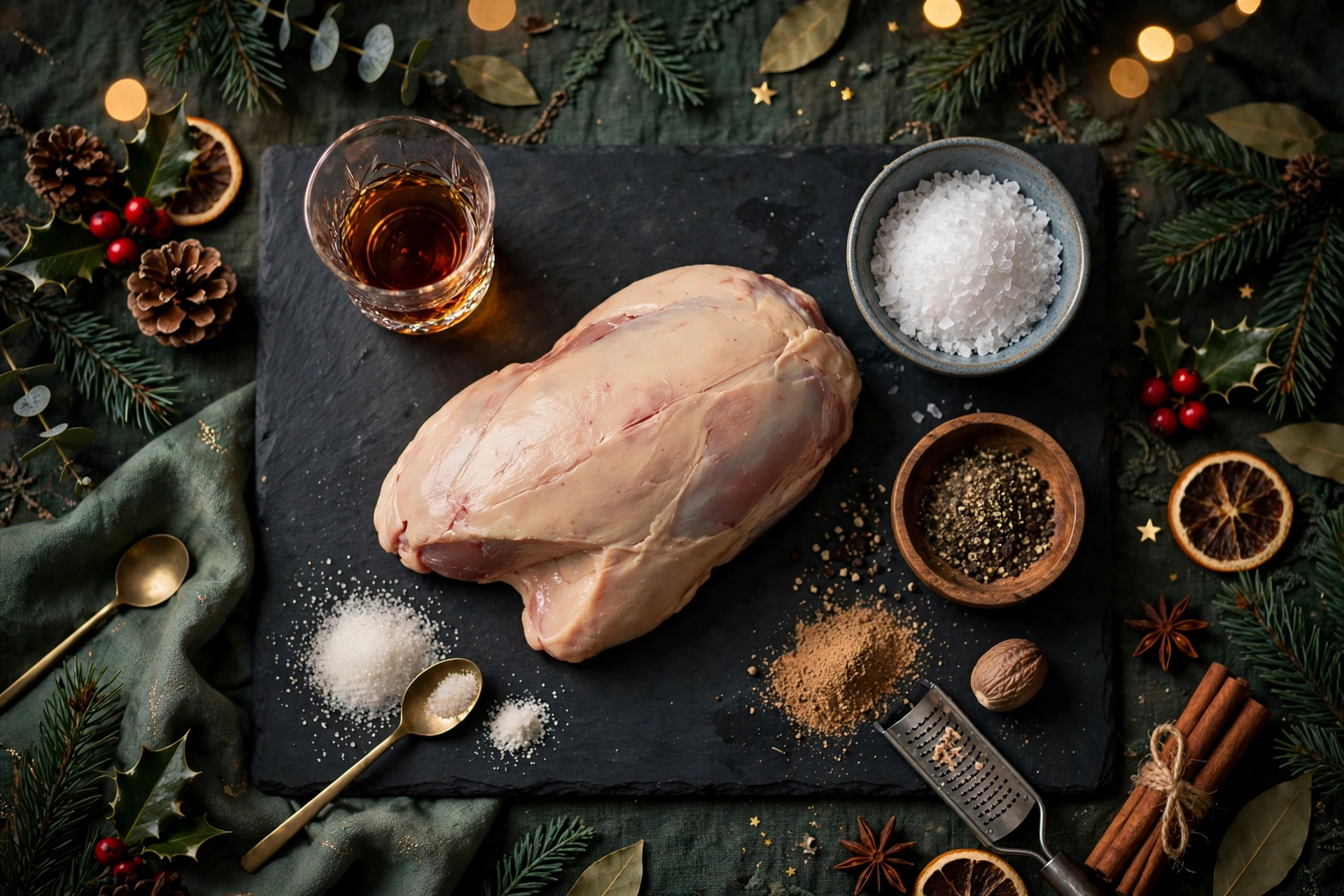 Ingrédients du foie gras noël maison : lobe cru, cognac, sel et poivre