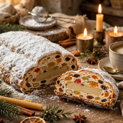 Le gâteau de noël alsacien façon stollen, saupoudré de sucre glace, tranche coupée montrant le cœur de pâte d'amande