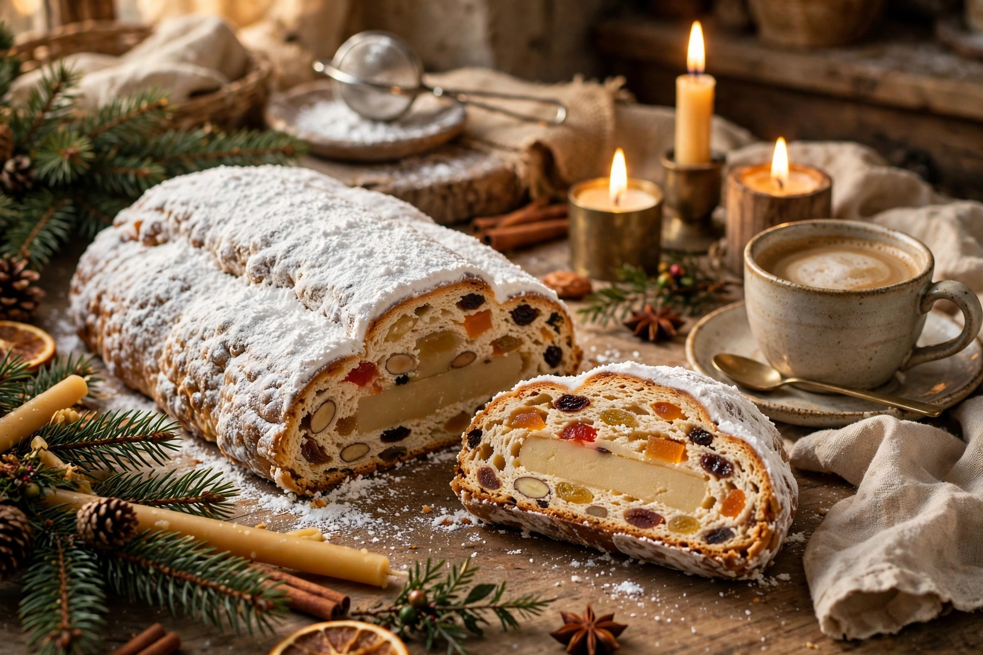 Le gâteau de noël alsacien façon stollen, saupoudré de sucre glace, tranche coupée montrant le cœur de pâte d'amande