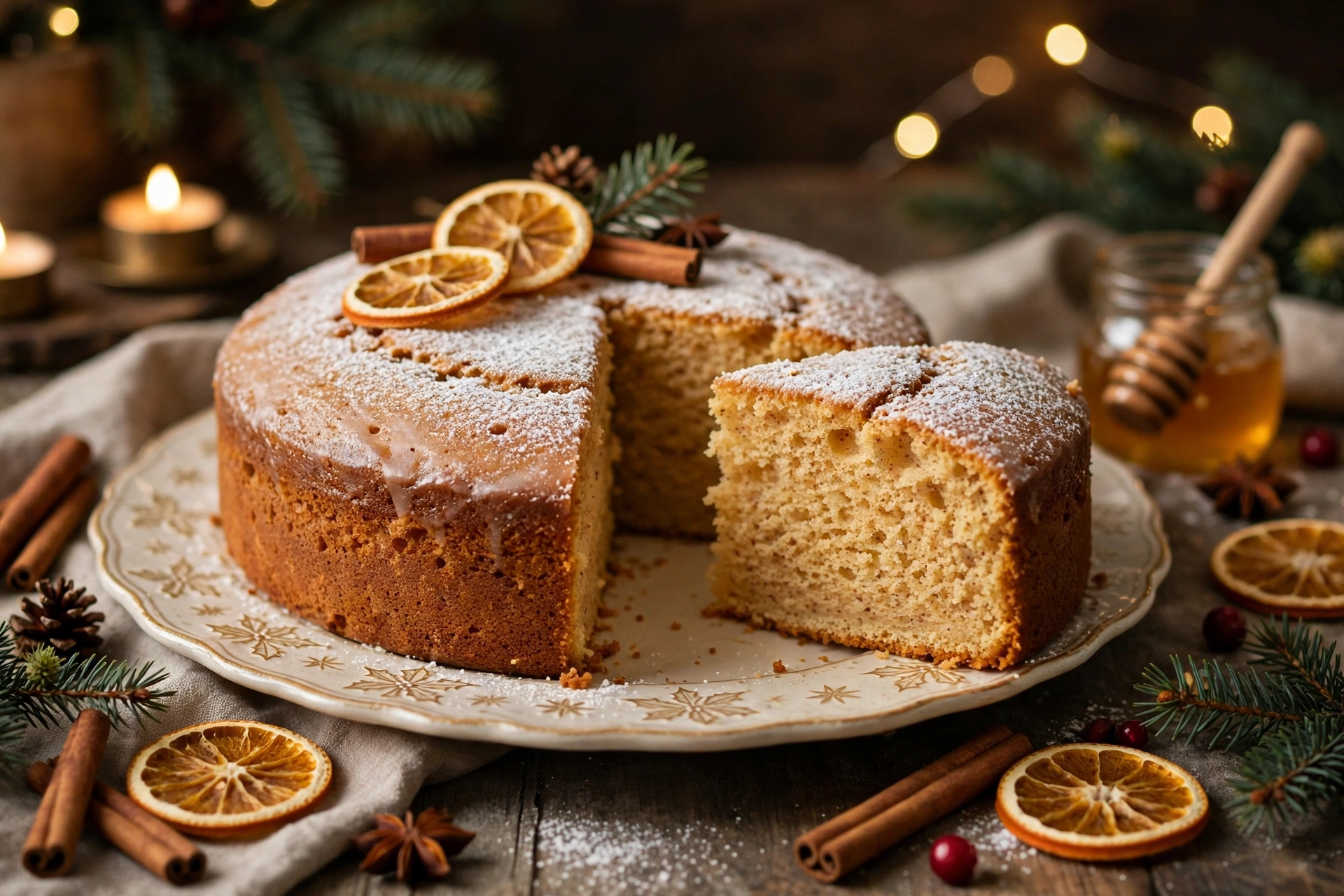 Part de gâteau moelleux aux épices, le gâteau de noël très facile et rapide au miel