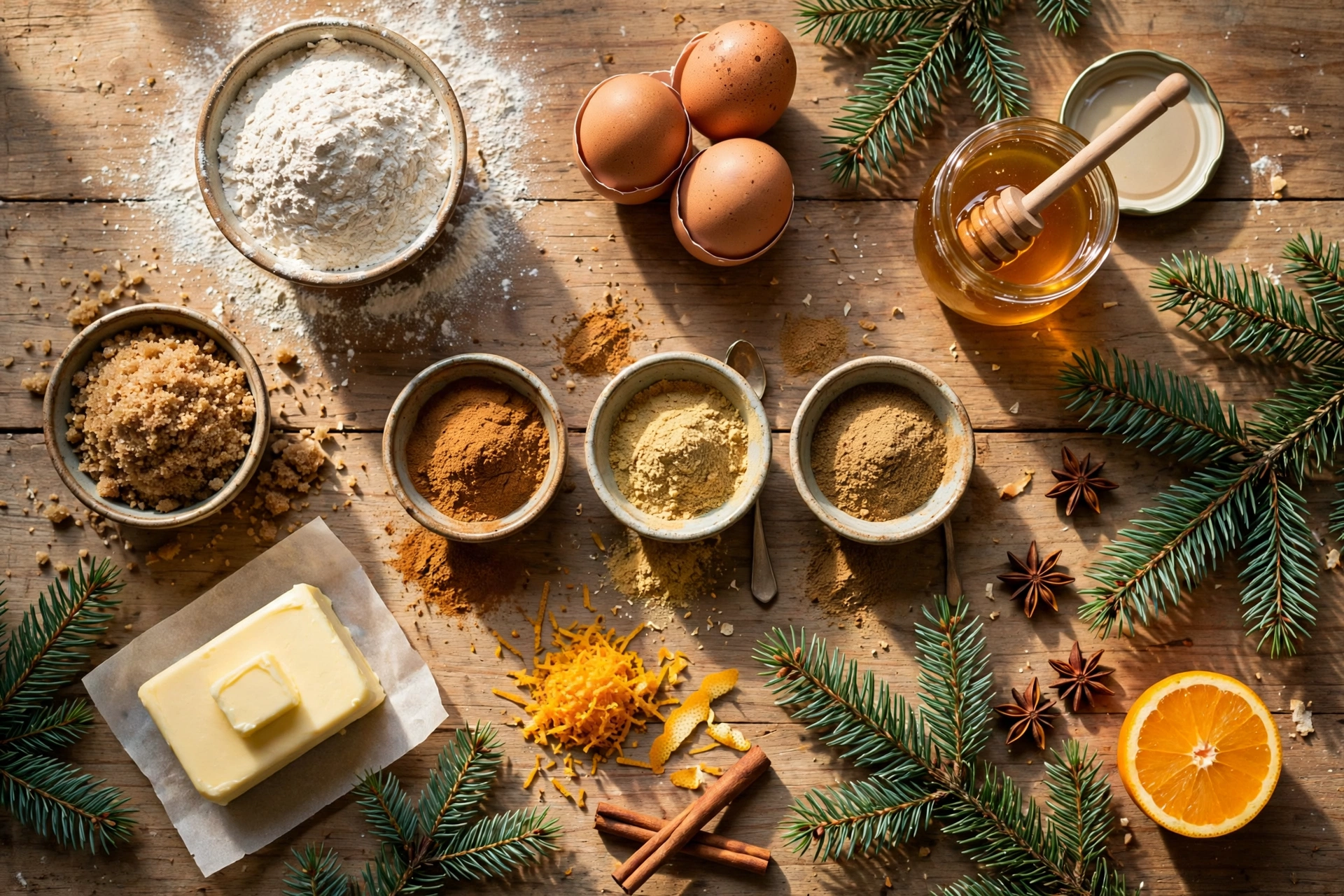 Ingrédients du gâteau de noël très facile et rapide : farine, miel, œufs et épices de Noël