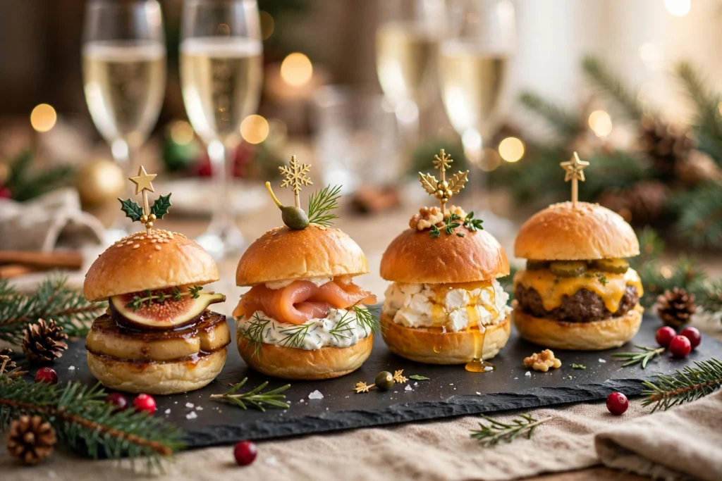 Idée garniture mini burger apéro noël : plateau de mini burgers festifs foie gras, saumon et chèvre miel