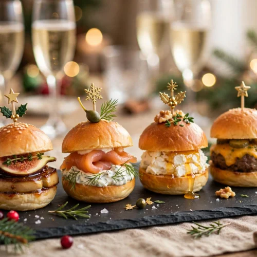 Idée garniture mini burger apéro noël : plateau de mini burgers festifs foie gras, saumon et chèvre miel