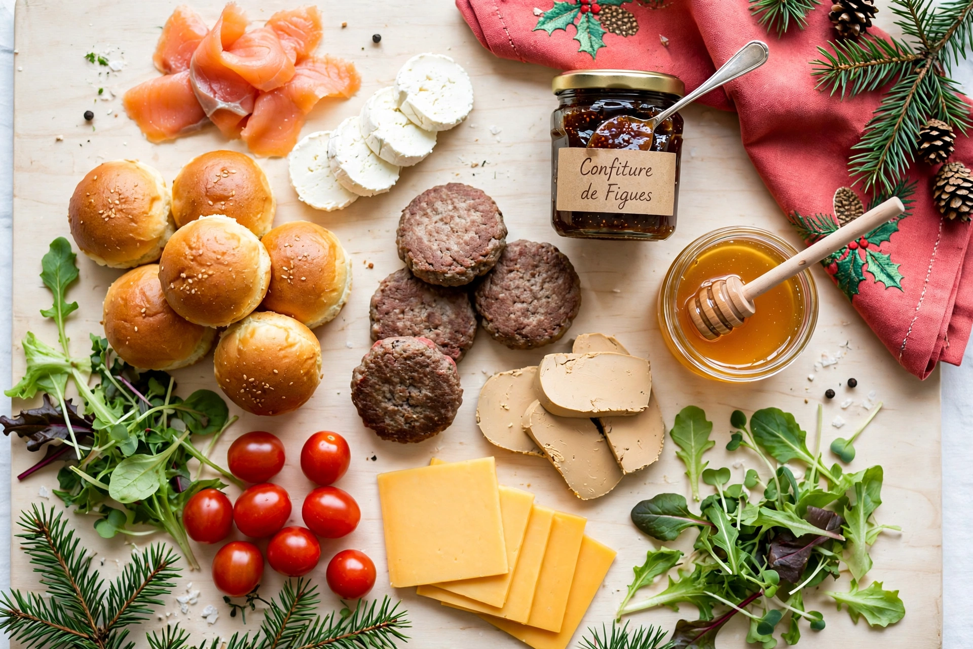 Ingrédients pour une idée garniture mini burger apéro noël : mini pains briochés, foie gras, saumon fumé et chèvre