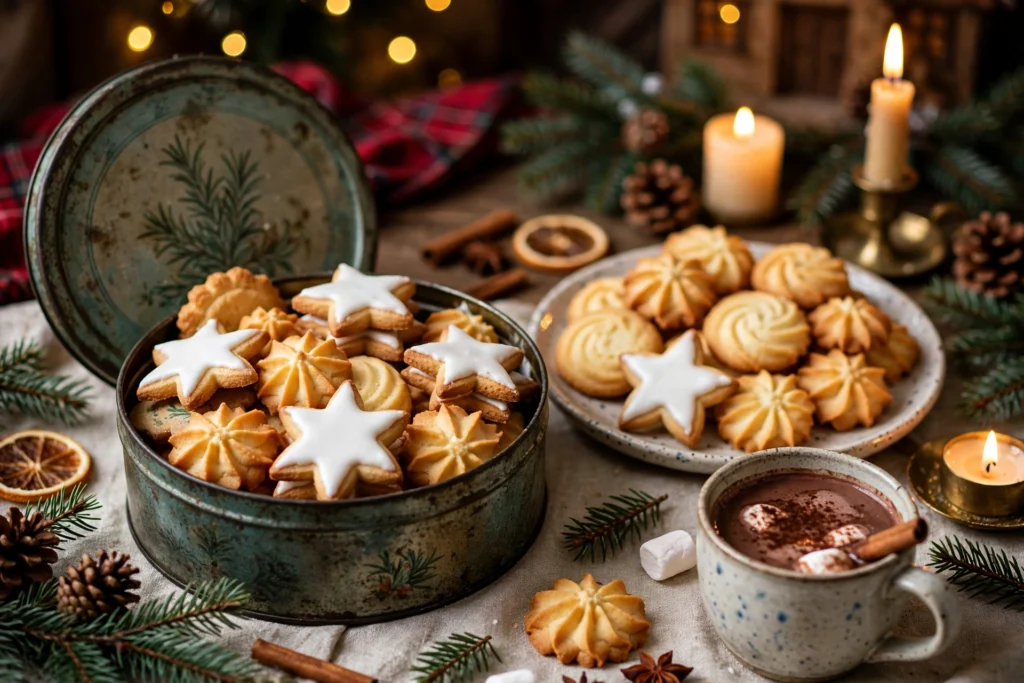 Assortiment : les meilleurs biscuit de noël alsacien dans une boîte en métal sur une table de fête