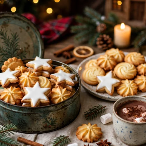 Assortiment : les meilleurs biscuit de noël alsacien dans une boîte en métal sur une table de fête