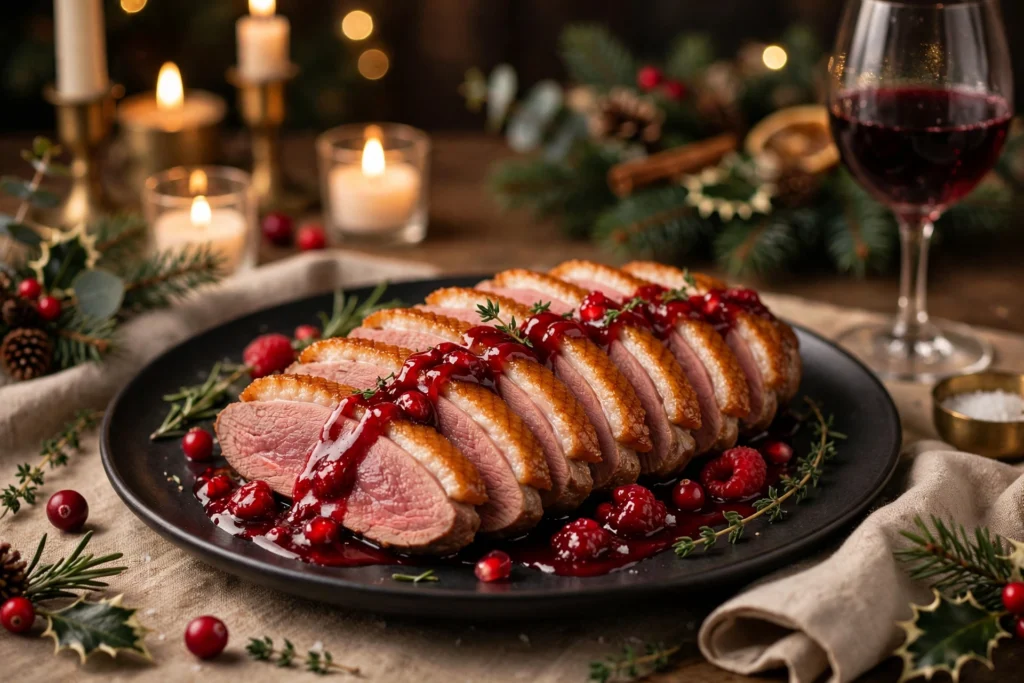 Magret de canard noël sauce aux fruits rouges, tranché rosé en éventail