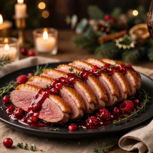 Magret de canard noël sauce aux fruits rouges, tranché rosé en éventail