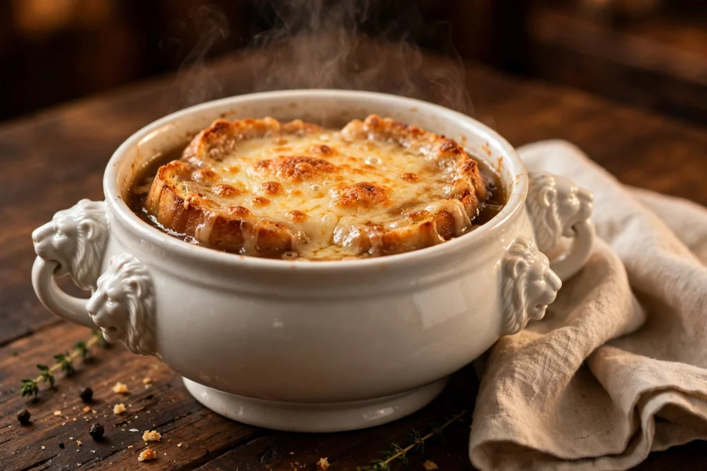 Soupe à l'oignon gratinée au fromage servie en bol