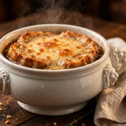 Soupe à l'oignon gratinée au fromage servie en bol