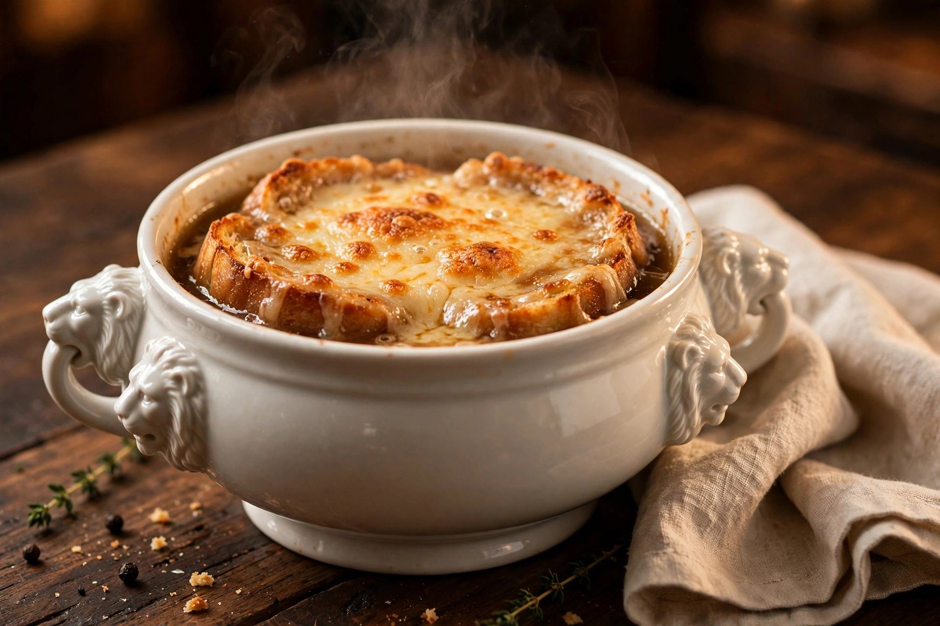 Soupe à l'oignon gratinée au fromage servie en bol