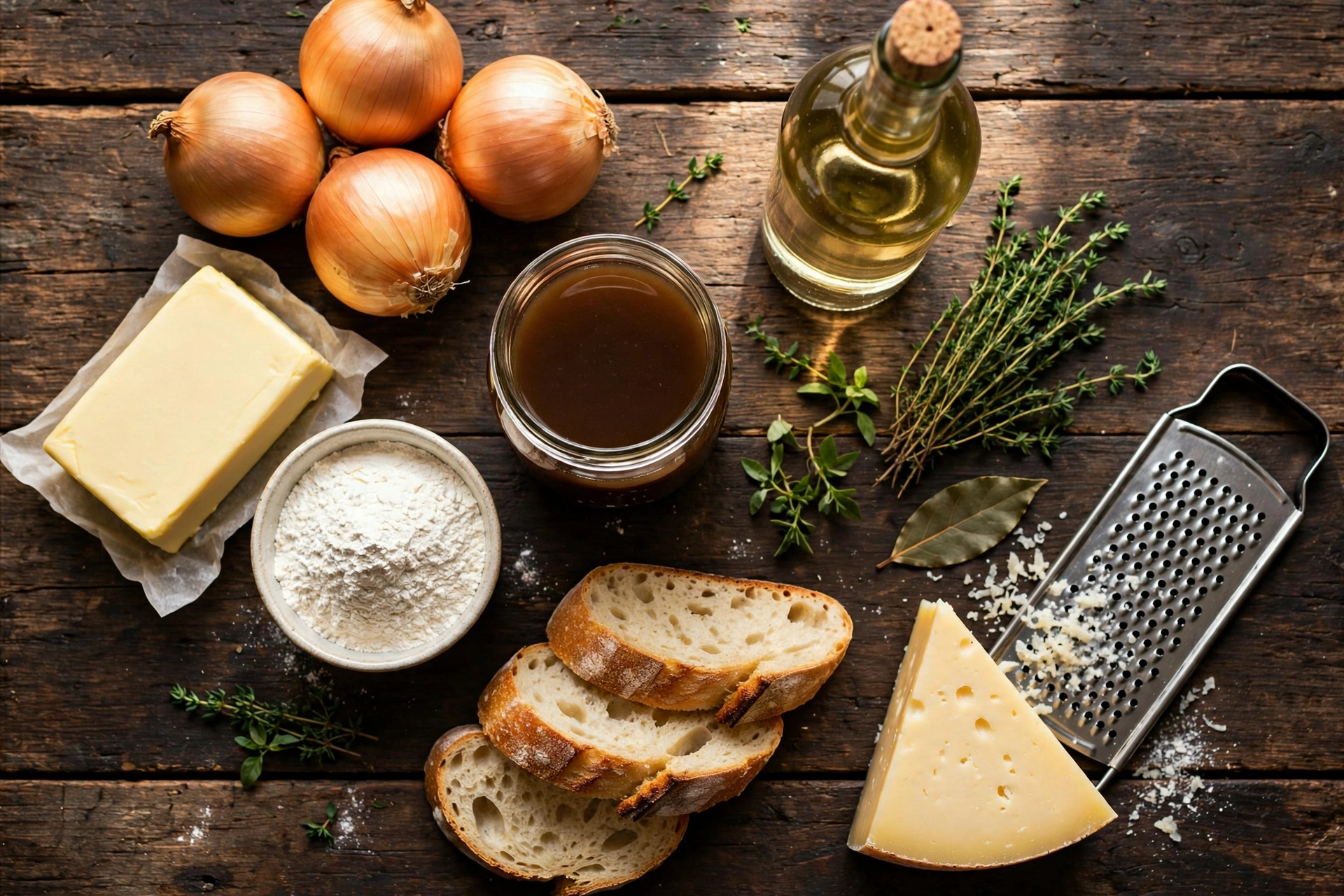 Ingrédients de la recette de soupe à l'oignon gratinée