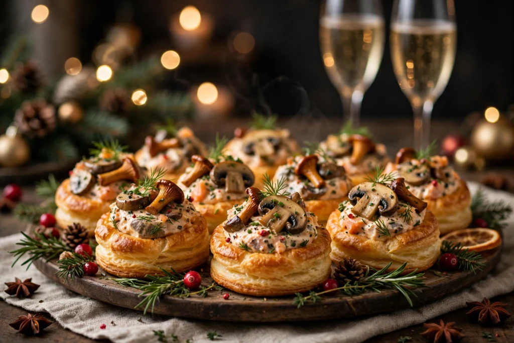 Mini vol au vent apéritif noël garnis de saumon et de champignons, servis chauds