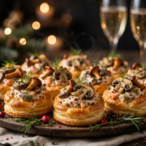 Mini vol au vent apéritif noël garnis de saumon et de champignons, servis chauds