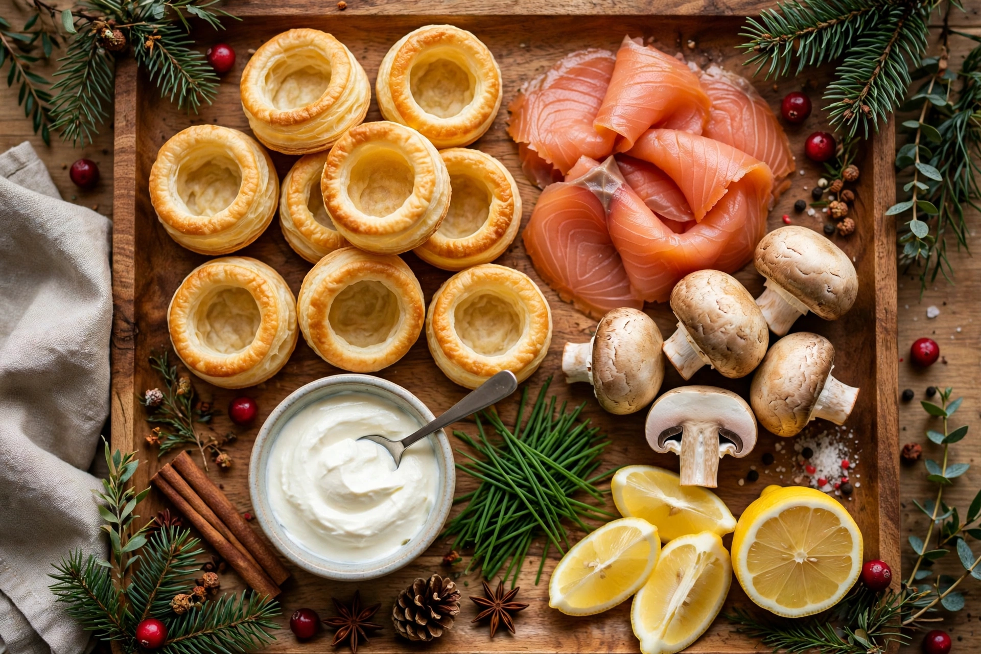 Ingrédients des mini vol au vent apéritif noël : coques feuilletées, saumon et champignons