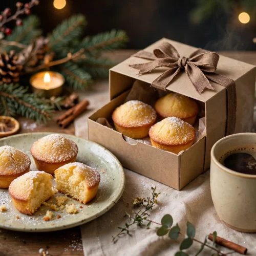 Un petit gâteau de noël doré au beurre présenté en cadeau gourmand sur une table de fête