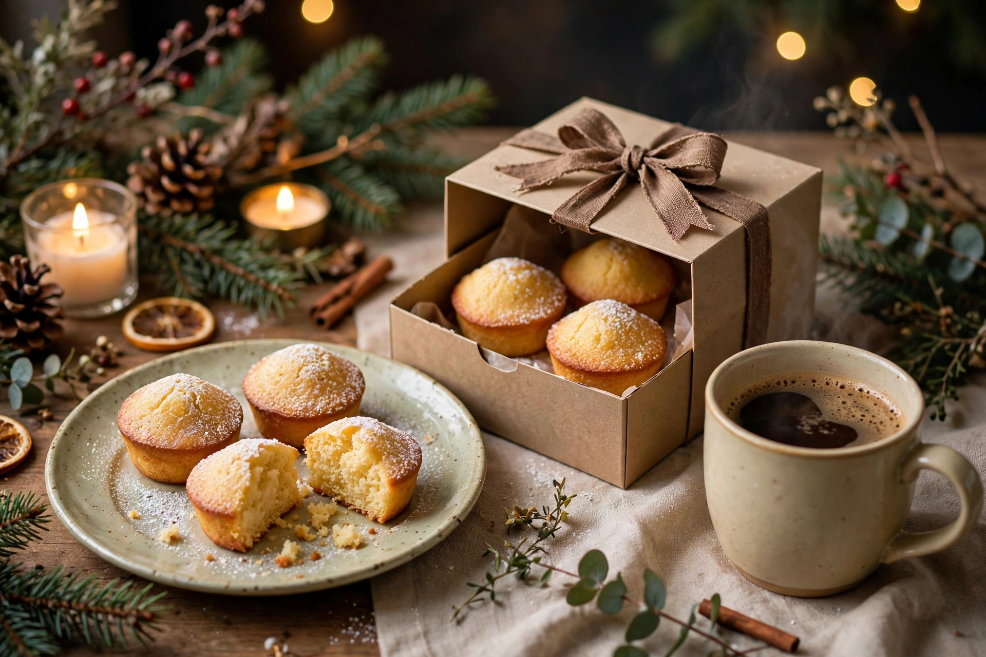 Un petit gâteau de noël doré au beurre présenté en cadeau gourmand sur une table de fête