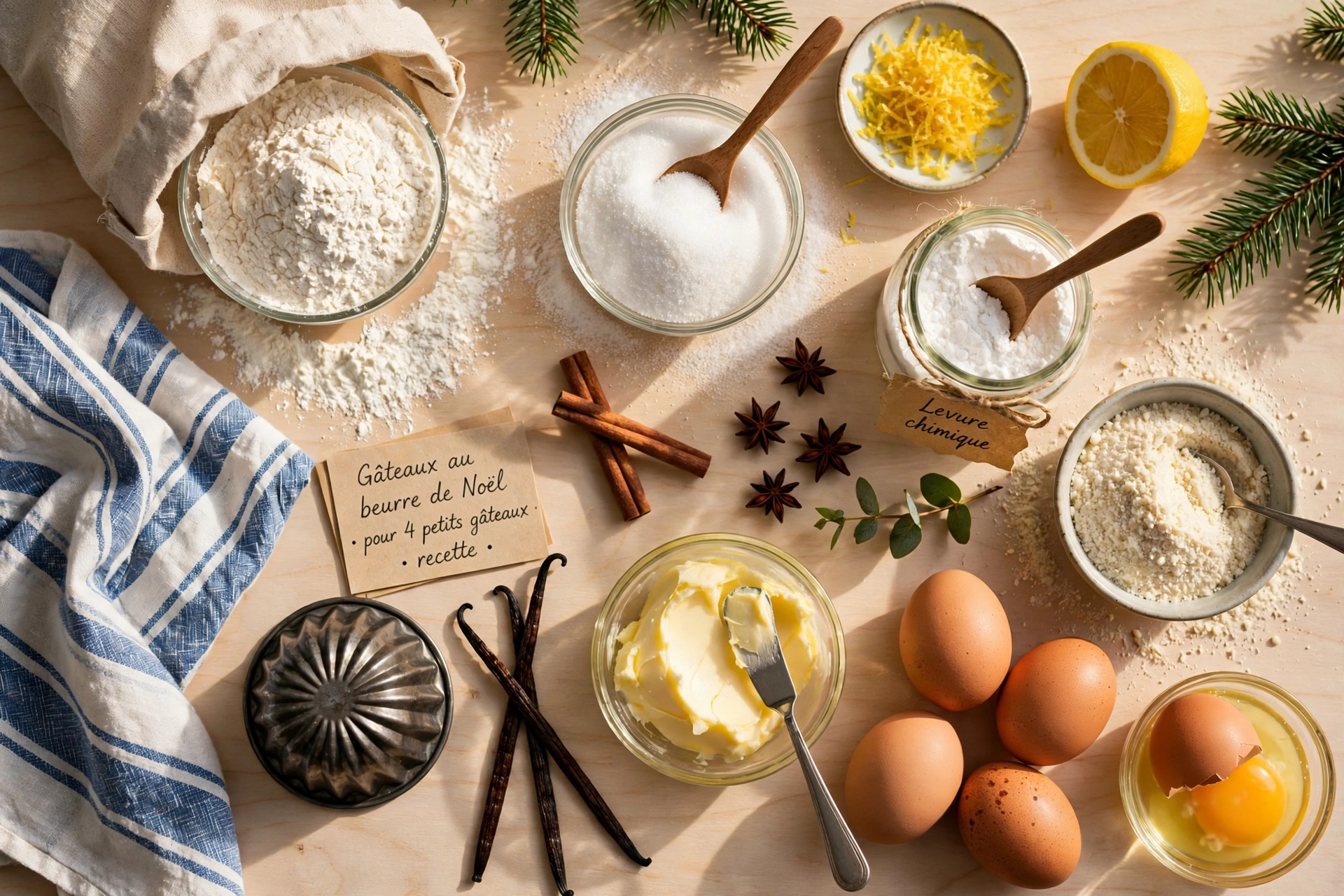 Ingrédients pour un petit gâteau de noël moelleux au beurre