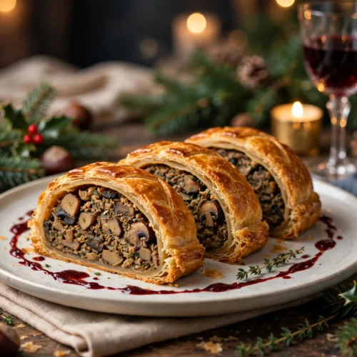 Le plat végétarien gastronomique noël : wellington de champignons et châtaignes tranché, sauce au vin rouge