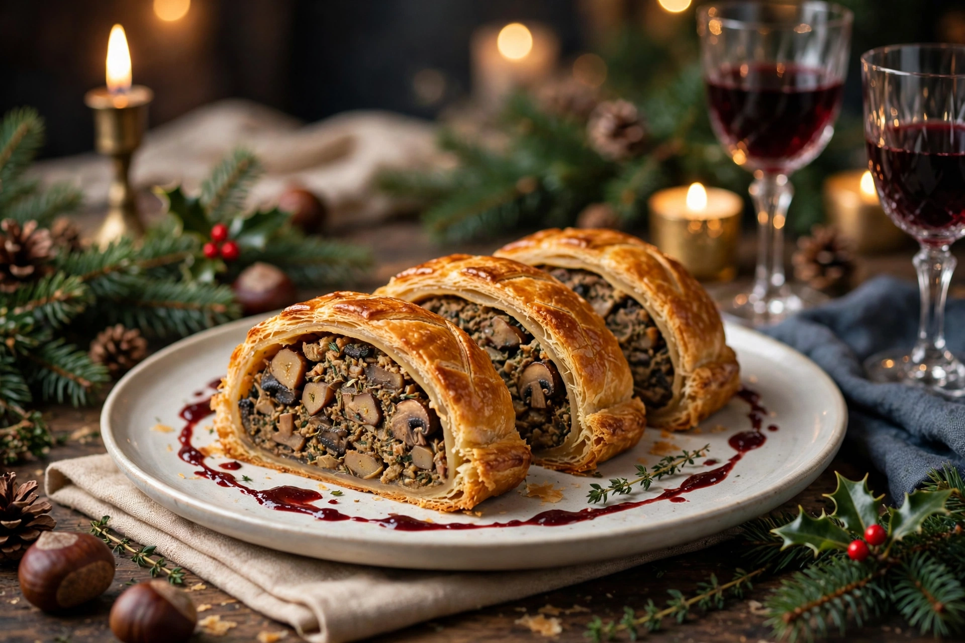 Le plat végétarien gastronomique noël : wellington de champignons et châtaignes tranché, sauce au vin rouge