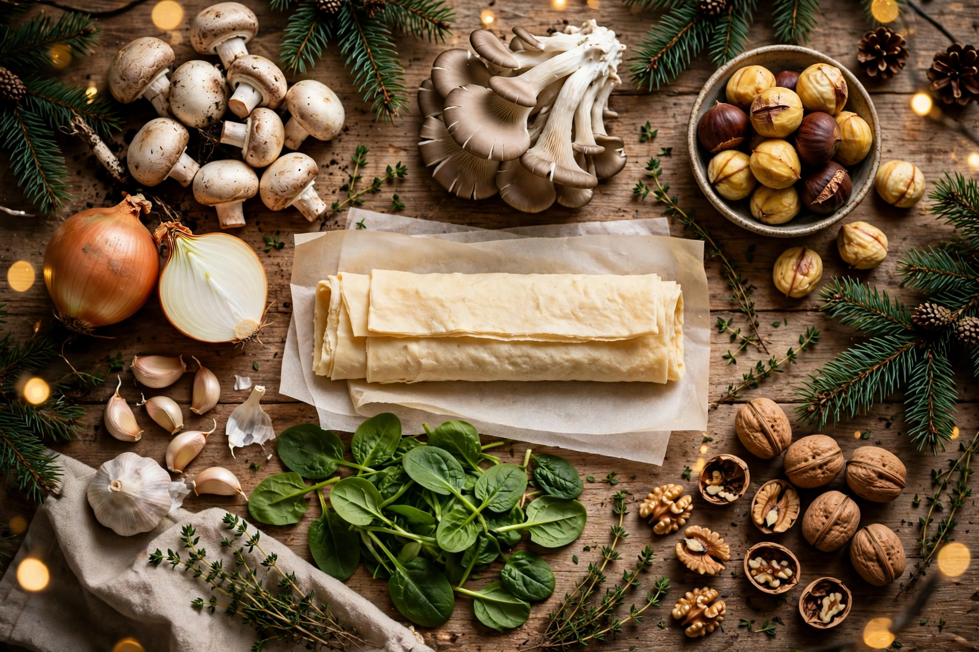 Ingrédients du plat végétarien gastronomique noël : champignons, châtaignes, épinards et pâte feuilletée