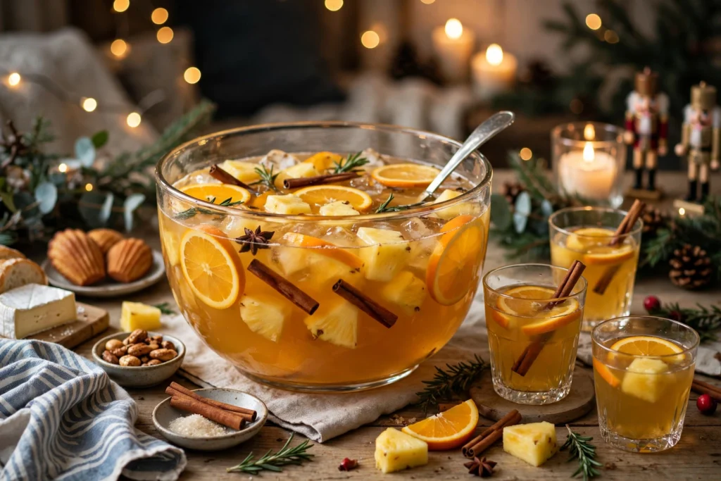 Grand bol de punch de noël facile servi à la louche pour le réveillon