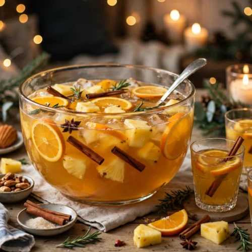 Grand bol de punch de noël facile servi à la louche pour le réveillon