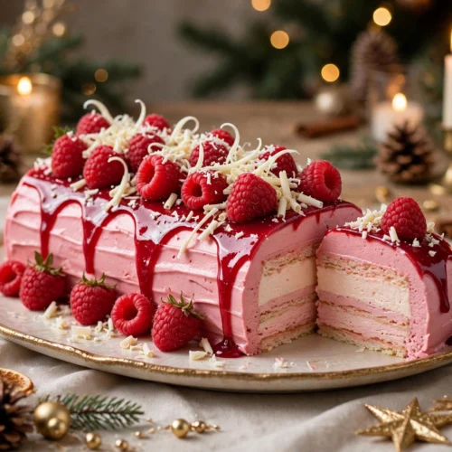 Recette bûche de noël framboise aux fruits rouges, décorée de framboises fraîches