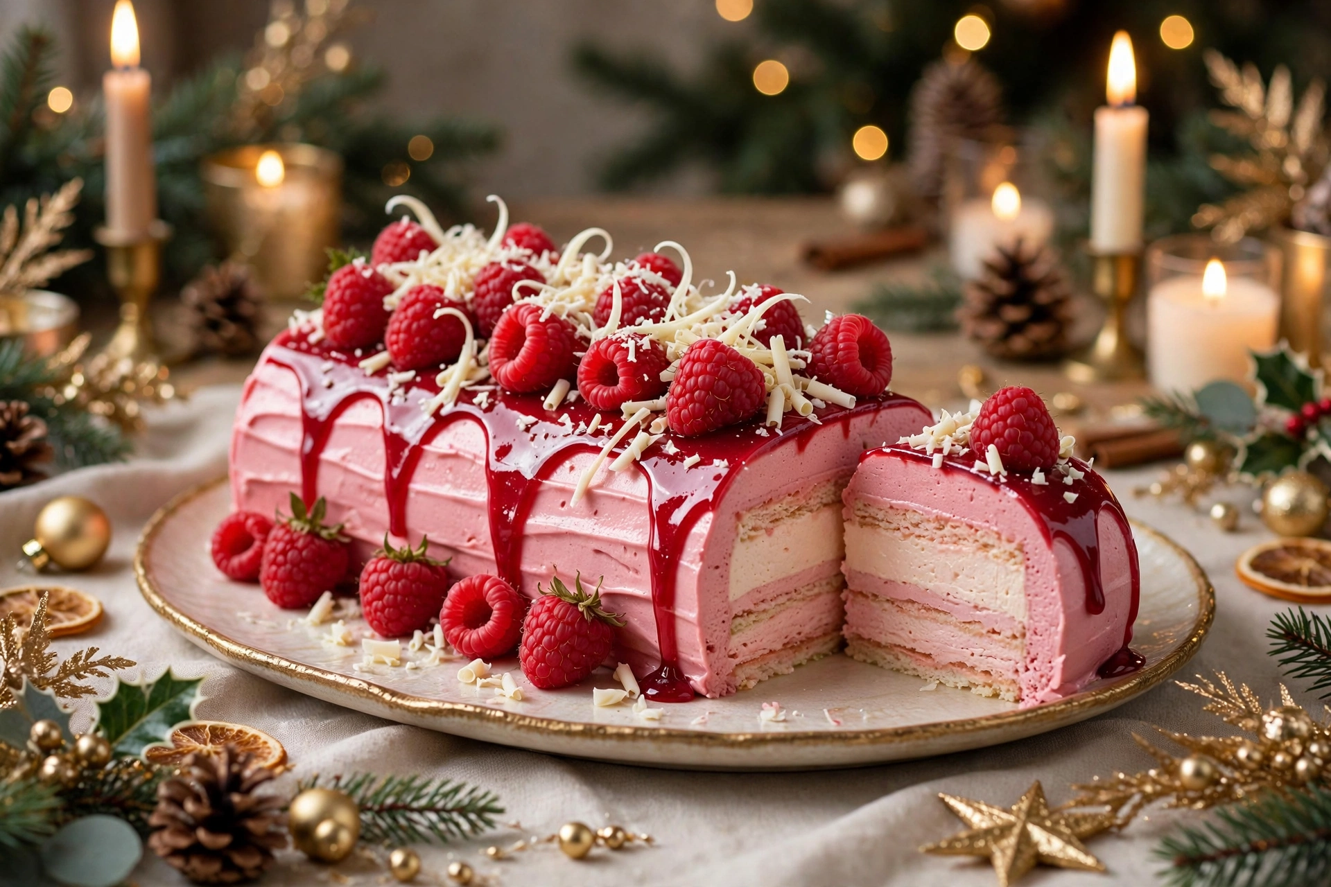 Recette bûche de noël framboise aux fruits rouges, décorée de framboises fraîches