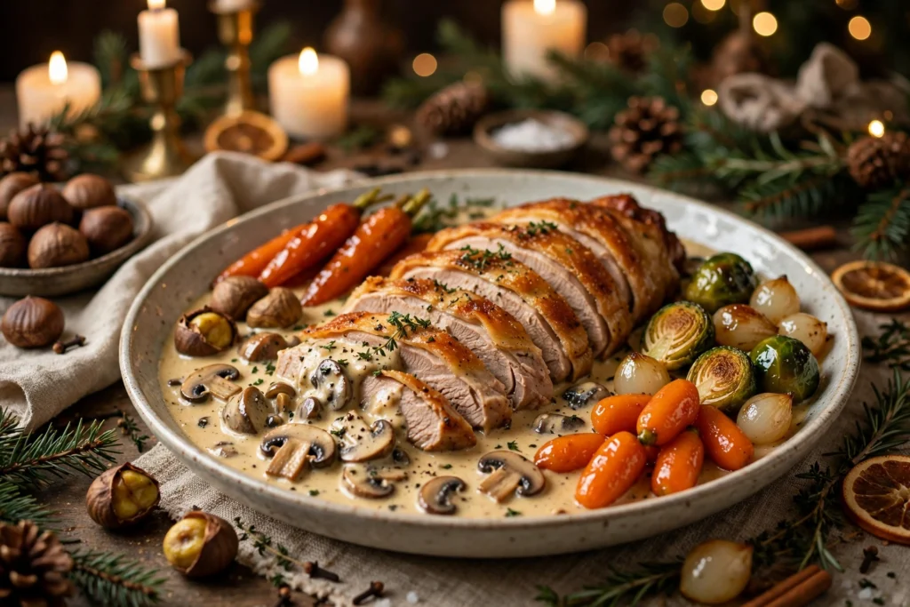Recette chapon en sauce pour noël nappé de sauce suprême aux champignons
