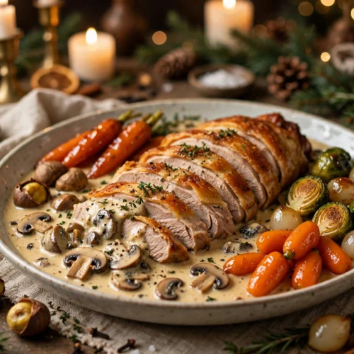 Recette chapon en sauce pour noël nappé de sauce suprême aux champignons