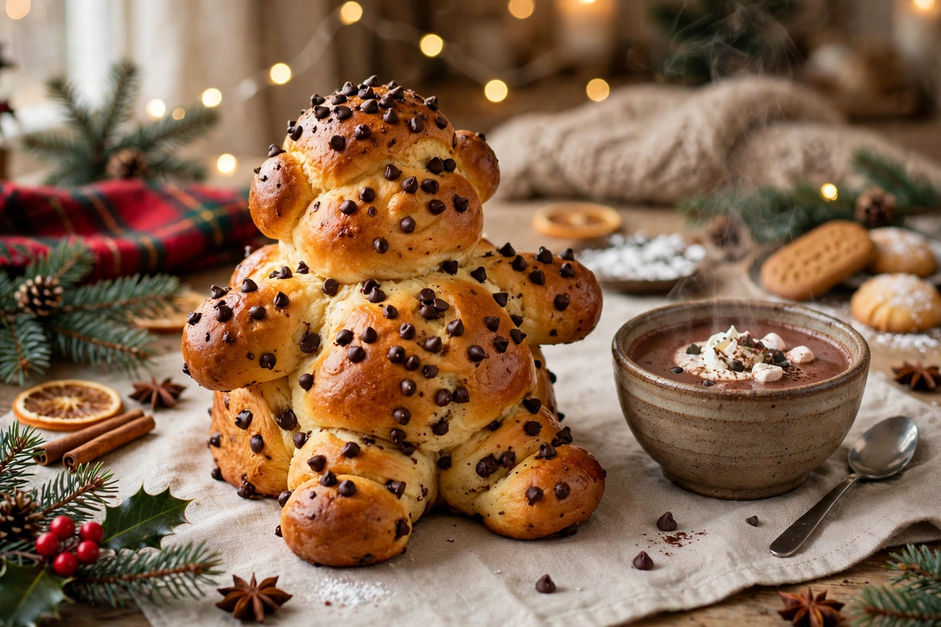 Recette coquille de noël moelleuse : brioche en forme de bonhomme dorée aux pépites de chocolat