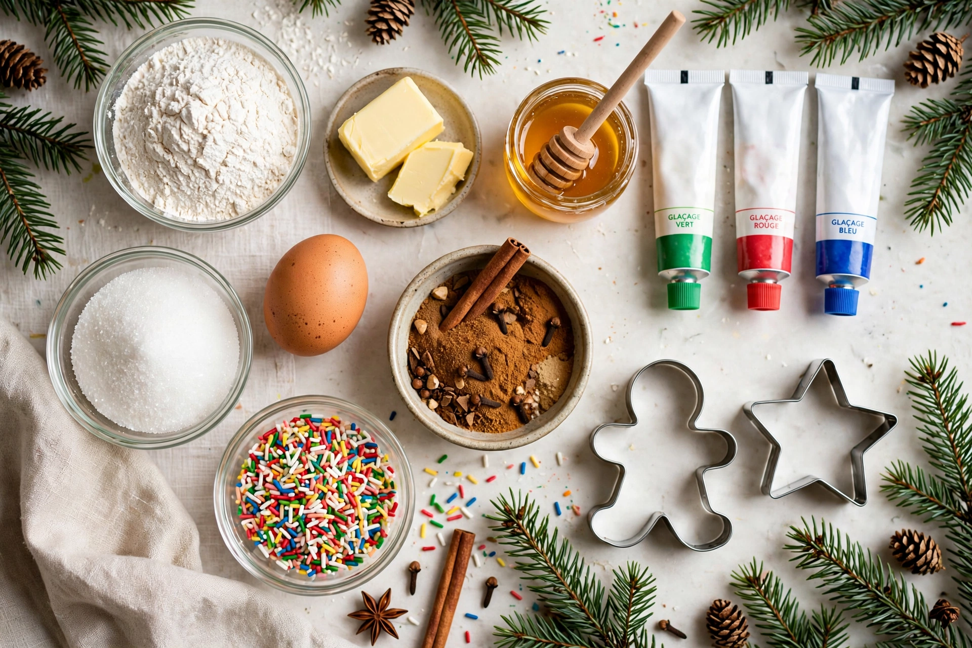 Ingrédients de la recette de biscuits de noël facile : farine, miel, beurre et épices douces