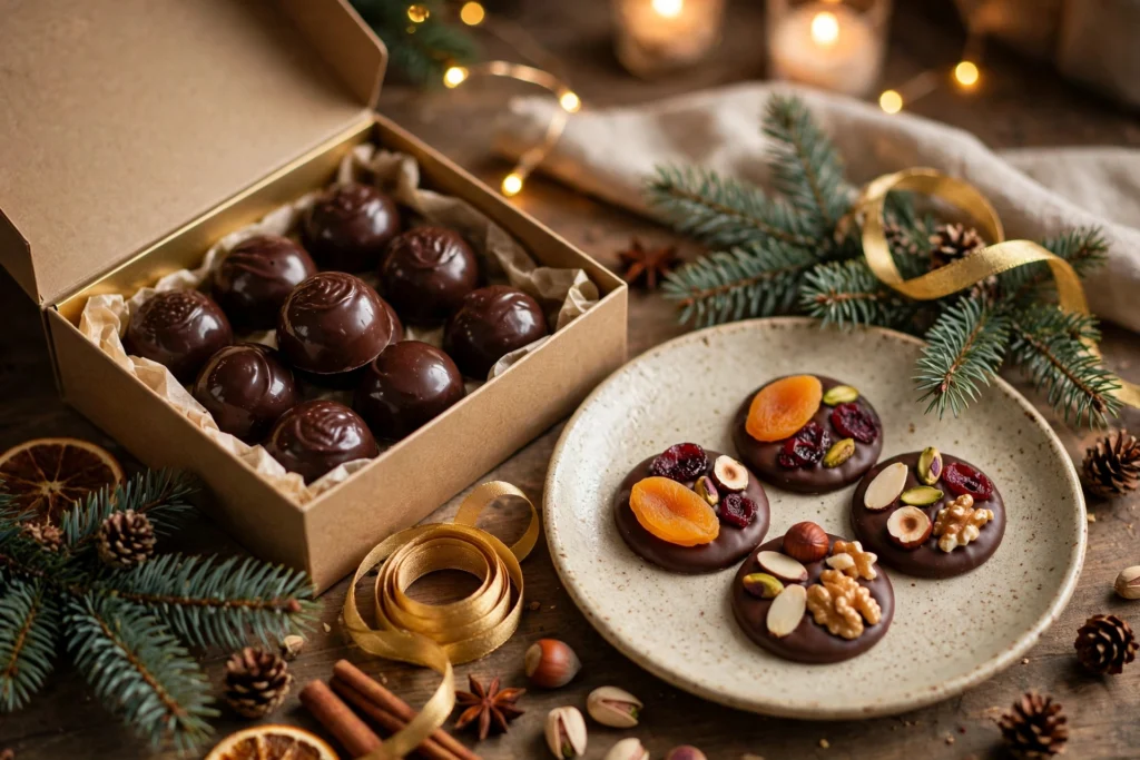 La recette de chocolat de noël fait maison facile : pralinés brillants en boîte cadeau et mendiants aux fruits secs