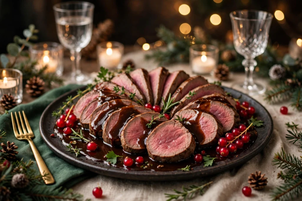 Assiette de la recette de faon pour noël : rôti tranché rosé nappé de sauce grand veneur