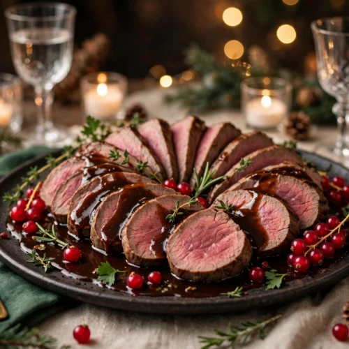 Assiette de la recette de faon pour noël : rôti tranché rosé nappé de sauce grand veneur