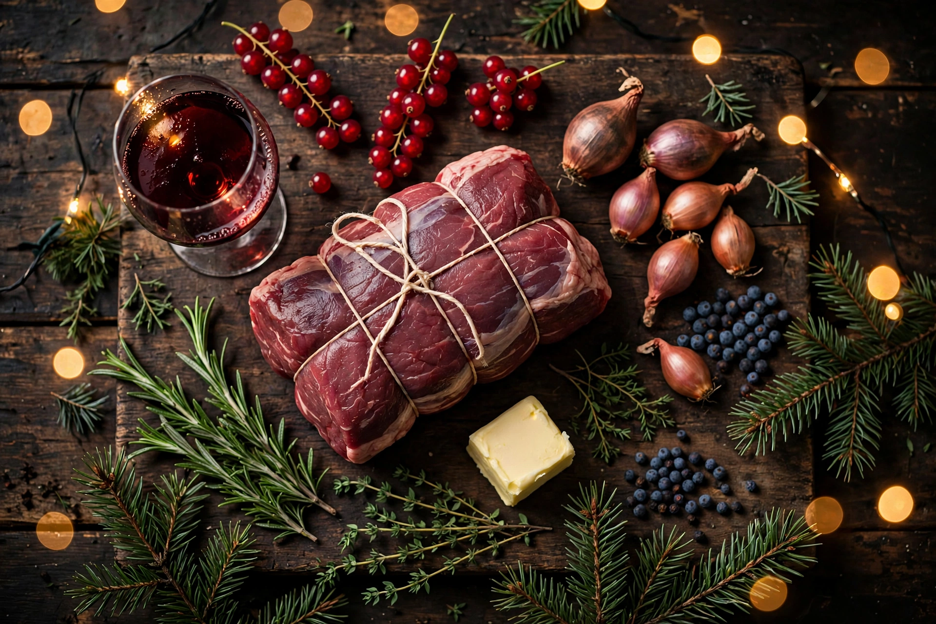 Ingrédients de la recette de faon pour noël : rôti de faon, groseilles, baies de genièvre et vin rouge