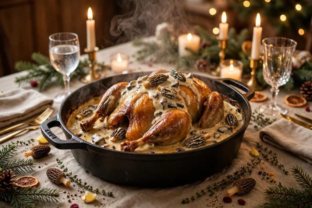La recette de poularde en cocotte pour noël : volaille dorée nappée de sauce crème et morilles, servie en cocotte