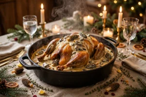 La recette de poularde en cocotte pour noël : volaille dorée nappée de sauce crème et morilles, servie en cocotte