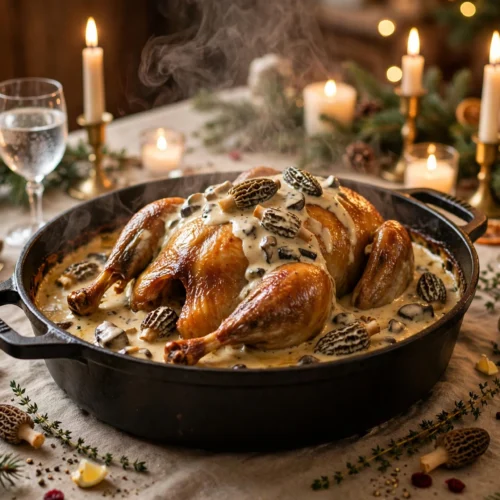 La recette de poularde en cocotte pour noël : volaille dorée nappée de sauce crème et morilles, servie en cocotte
