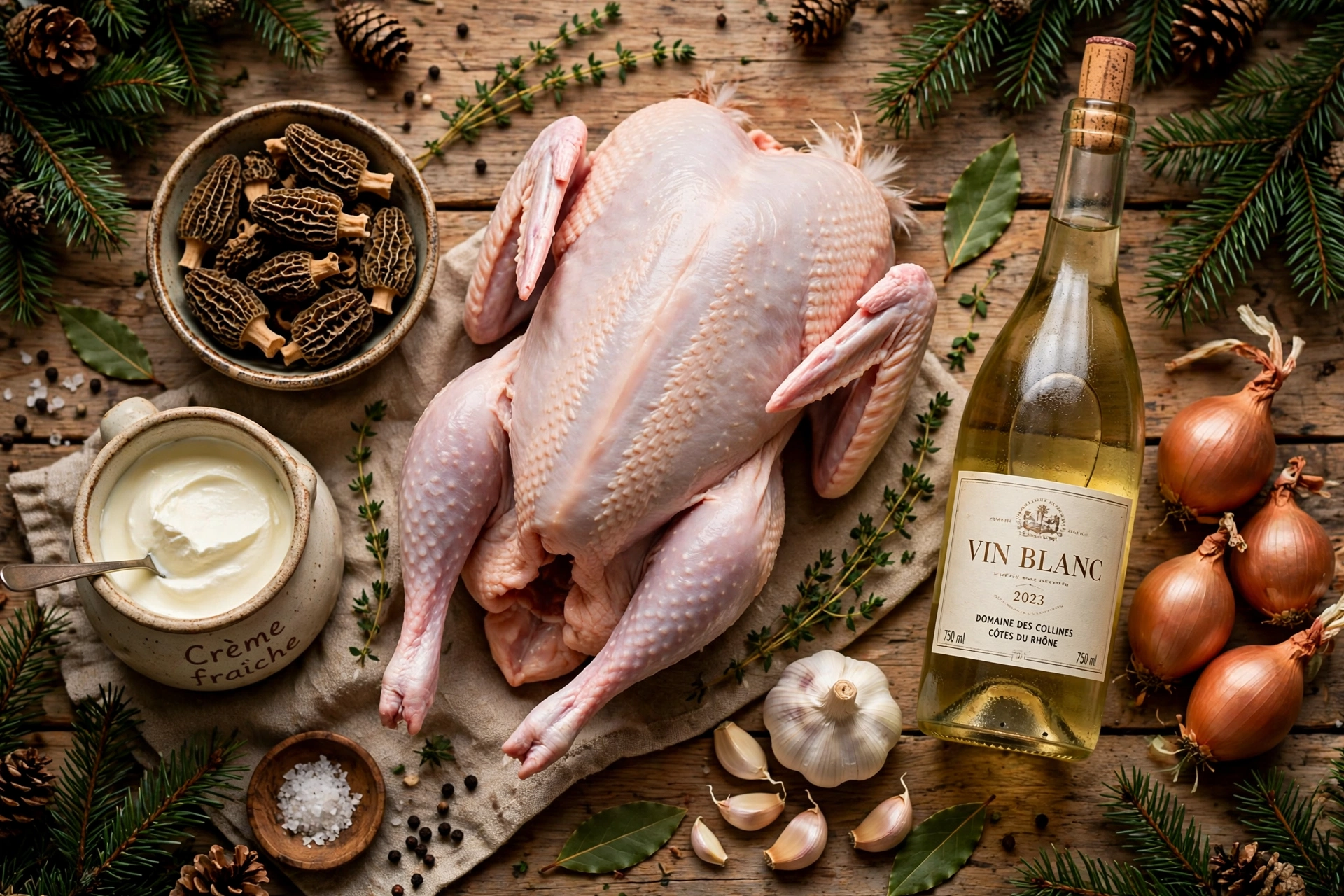 Ingrédients de la recette de poularde en cocotte pour noël : poularde fermière, morilles, crème et vin blanc