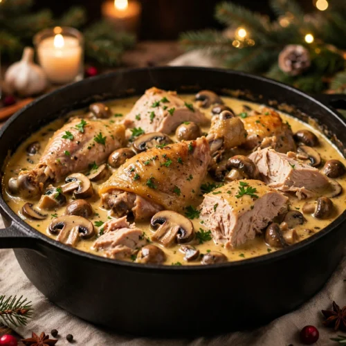 La recette dinde de noël en sauce : morceaux de dinde mijotés en sauce crémeuse aux champignons, en cocotte