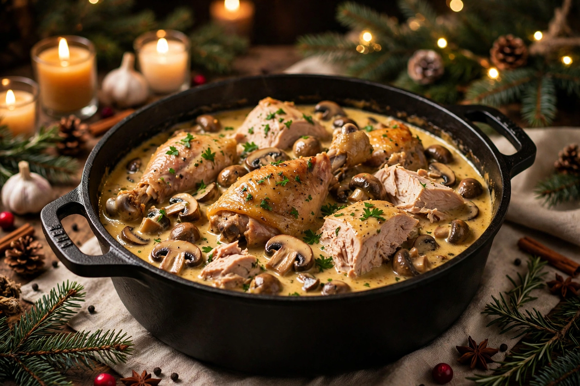 La recette dinde de noël en sauce : morceaux de dinde mijotés en sauce crémeuse aux champignons, en cocotte