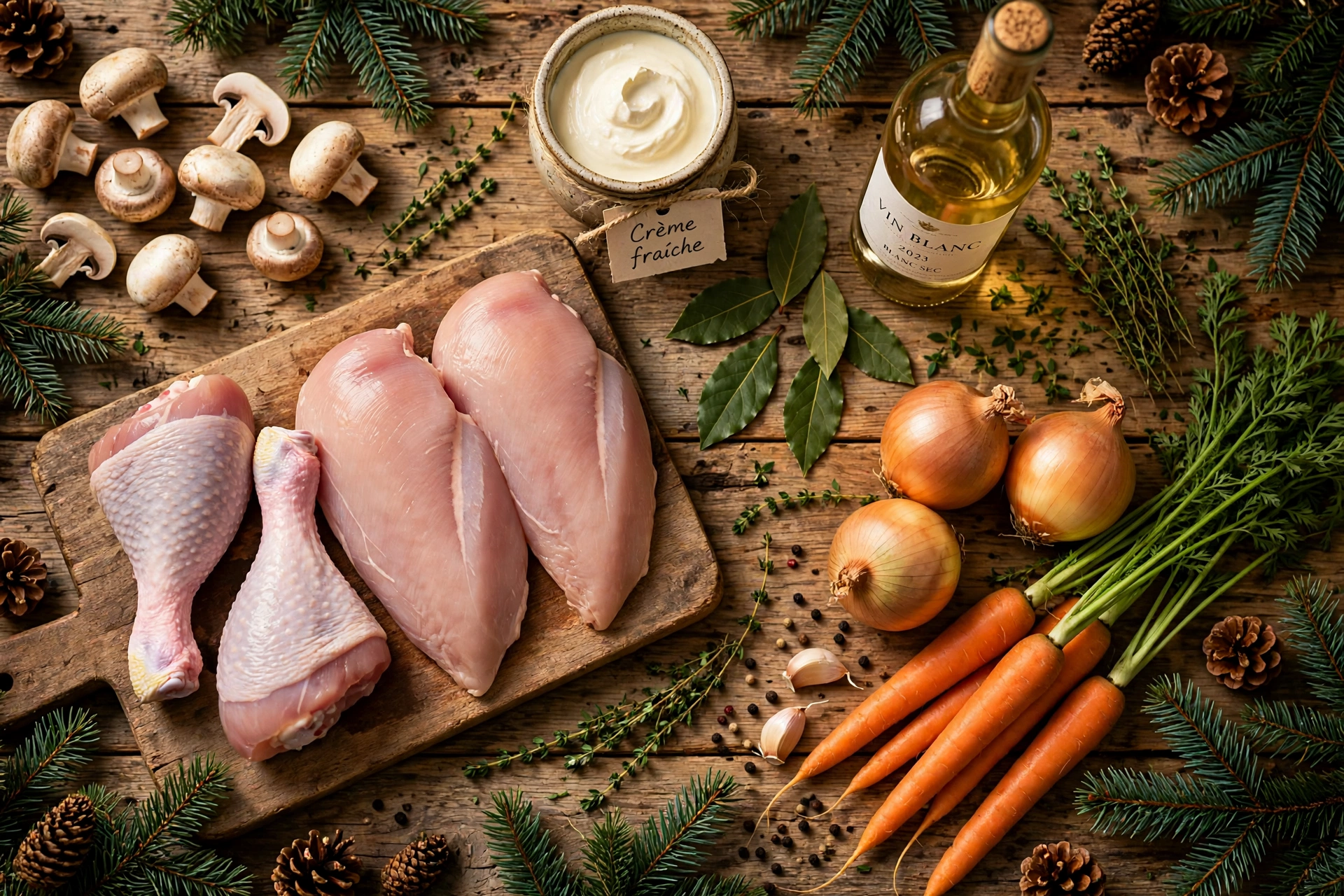 Ingrédients de la recette dinde de noël en sauce : morceaux de dinde, champignons, carottes, crème et vin blanc