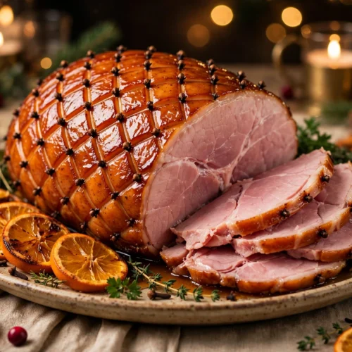 Le jambon de la recette jambon de noël au miel, laqué et doré, tranché sur un plat de fête