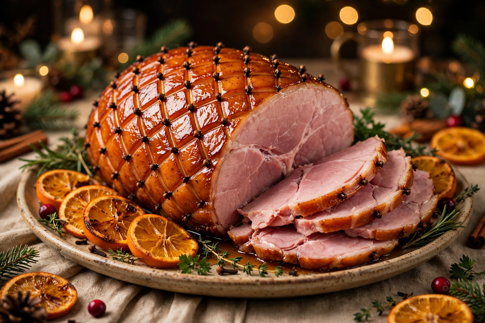 Le jambon de la recette jambon de noël au miel, laqué et doré, tranché sur un plat de fête